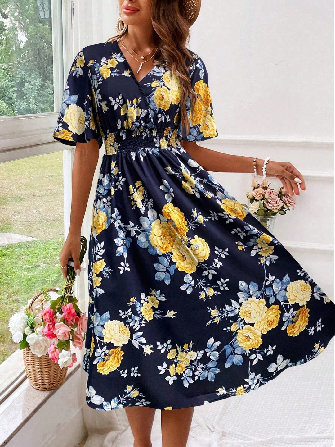Chloe | Graceful Floral Midi Dress with Flutter Sleeves