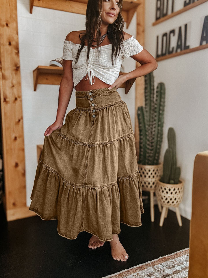Chloe | Graceful Tiered Button Front Maxi Midi Skirt