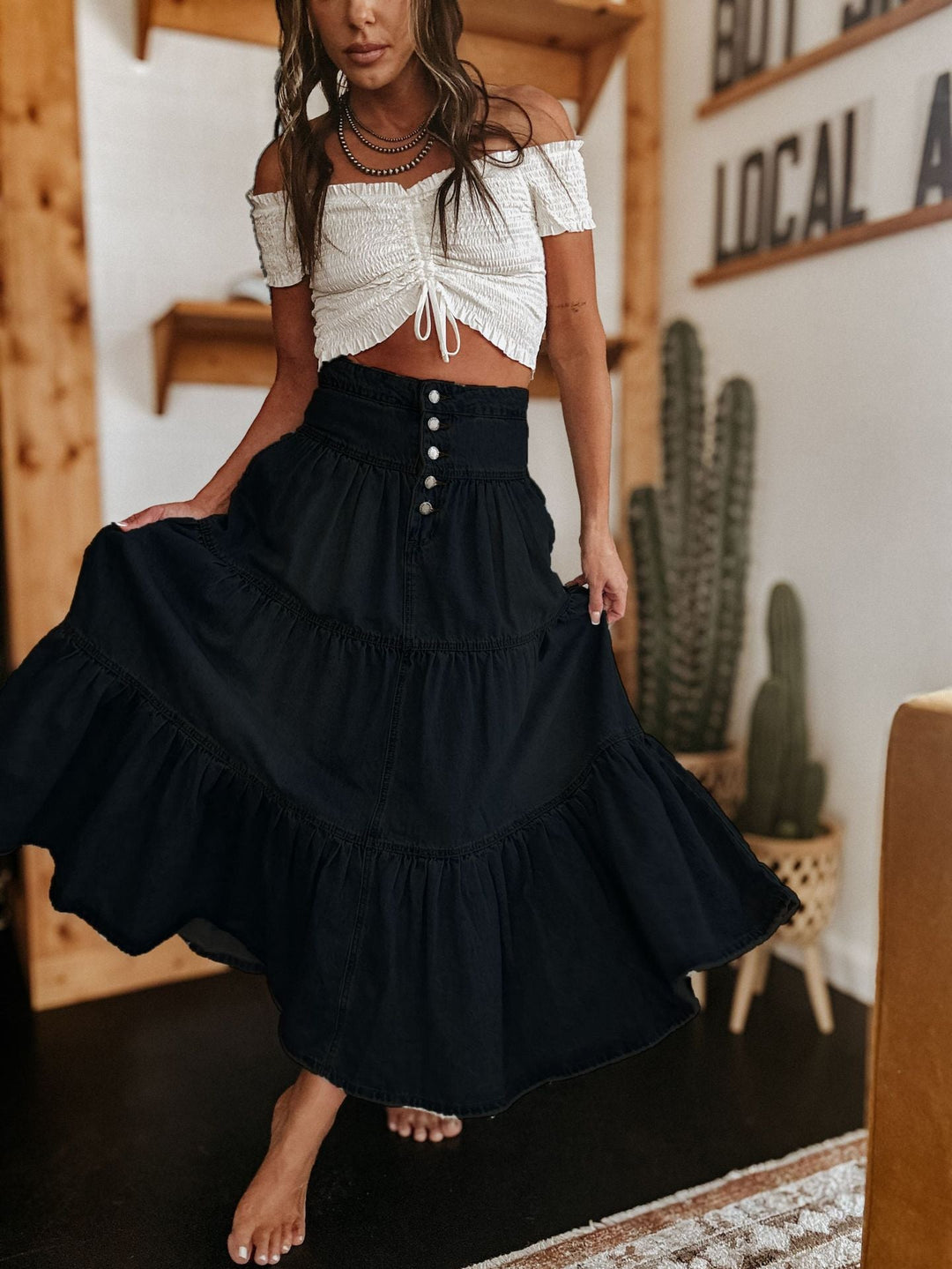 Chloe | Graceful Tiered Button Front Maxi Midi Skirt