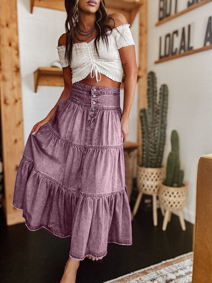 Chloe | Graceful Tiered Button Front Maxi Midi Skirt