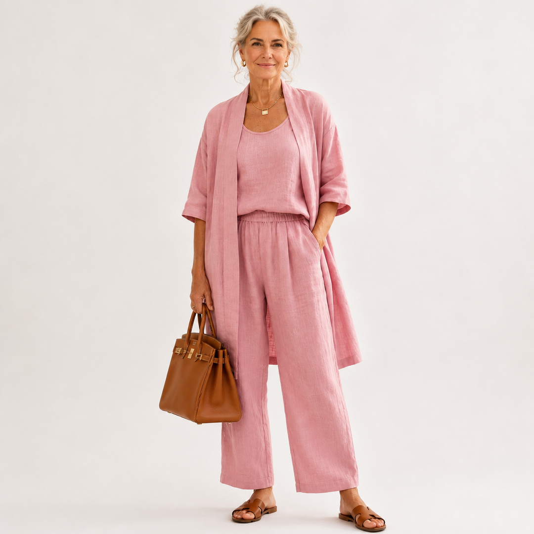 Chloe | Graceful Wide Leg Linen Pants Three-Piece Outfit Set
