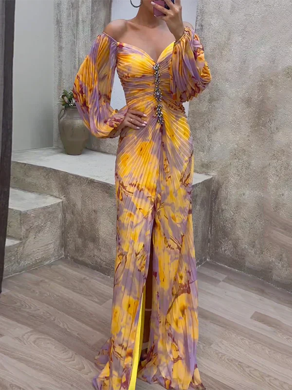 Chloe | Relaxed Pleated Off-Shoulder Race Dress with Thigh Slit