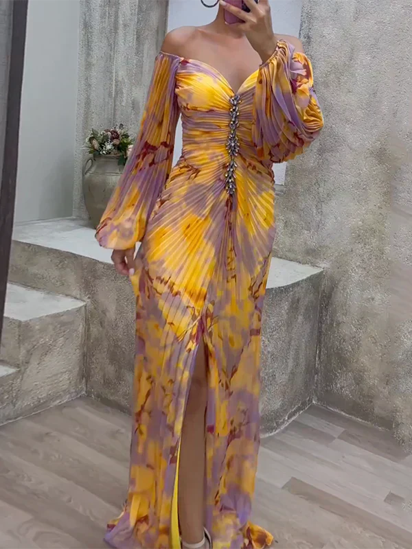 Chloe | Relaxed Pleated Off-Shoulder Race Dress with Thigh Slit