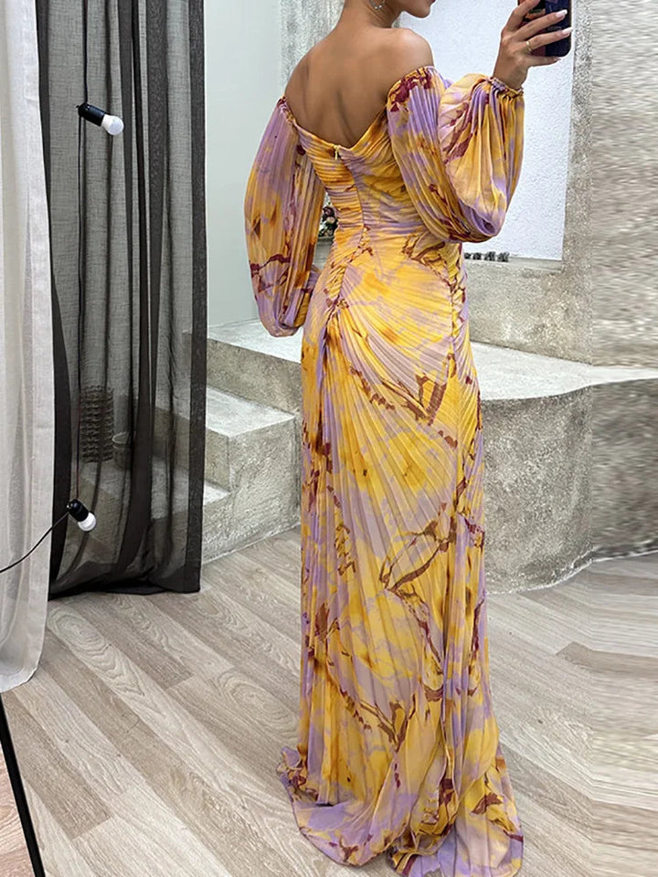 Chloe | Relaxed Pleated Off-Shoulder Race Dress with Thigh Slit