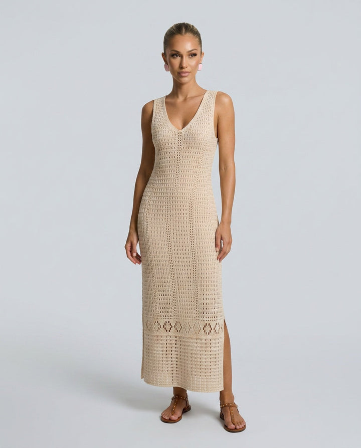 Chloe | Relaxed V-Neck Crochet Dress with Side Slit