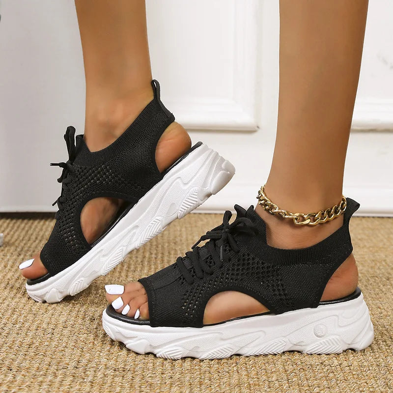 Claire | Sophisticated Chunky Platform Sandals with Lace-Up Knit Design