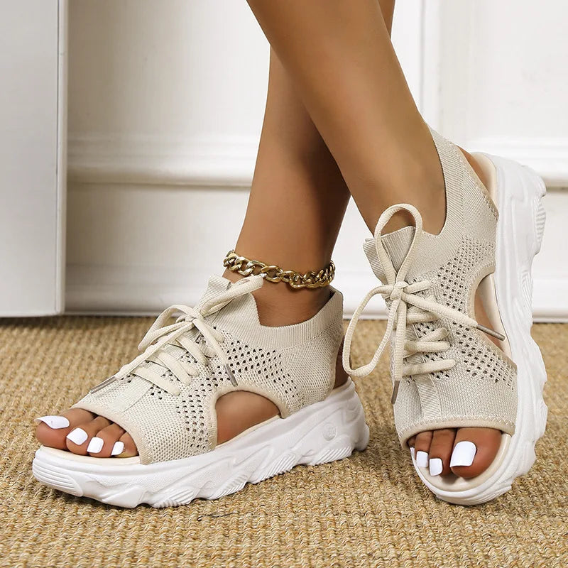 Claire | Sophisticated Chunky Platform Sandals with Lace-Up Knit Design