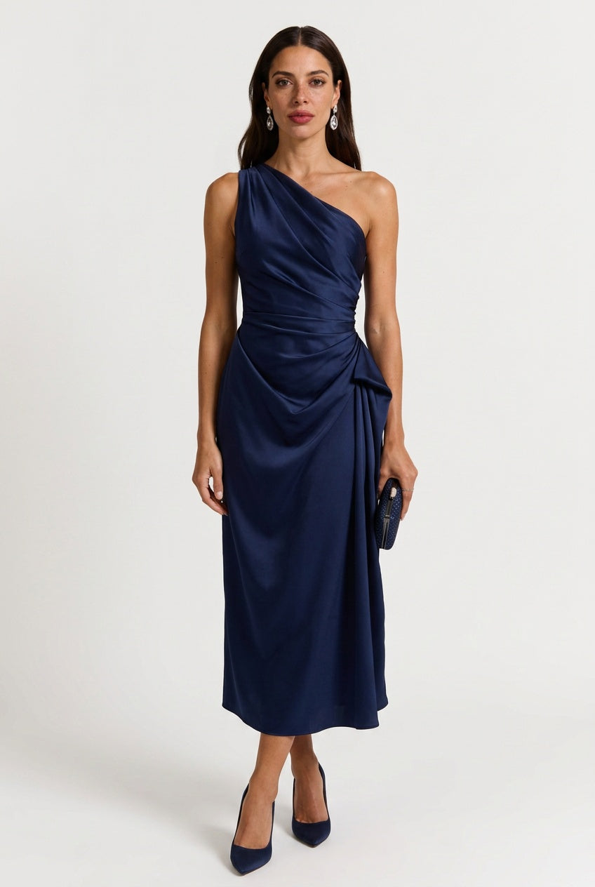 Daisy | Chic One Shoulder Ruched Midi Cocktail Dress