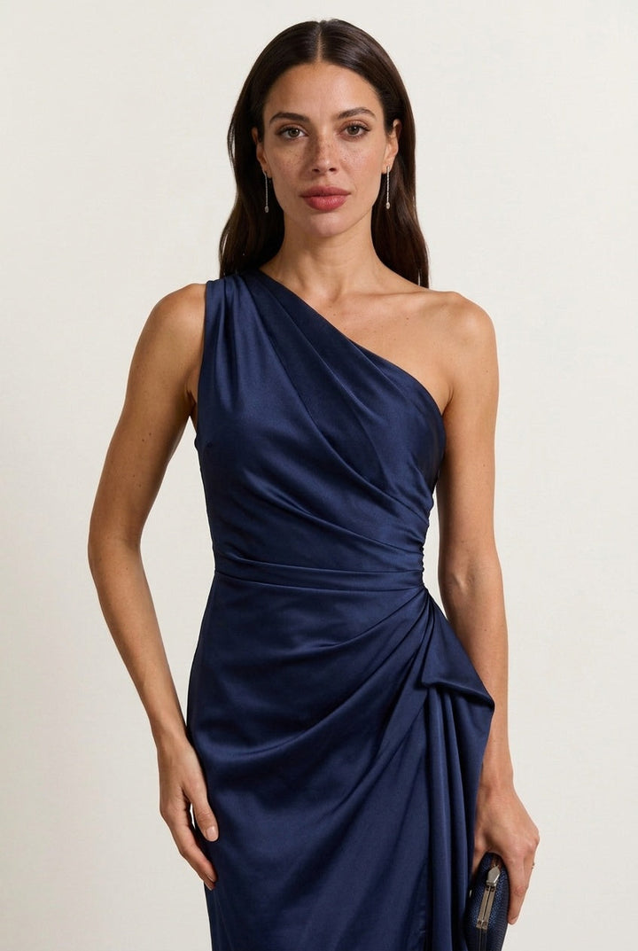 Daisy | Chic One Shoulder Ruched Midi Cocktail Dress