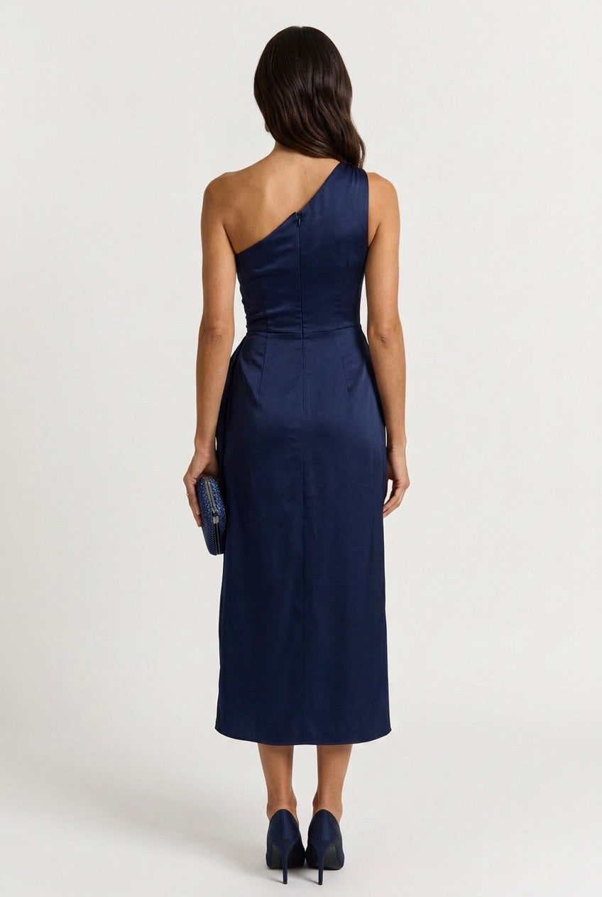 Daisy | Chic One Shoulder Ruched Midi Cocktail Dress