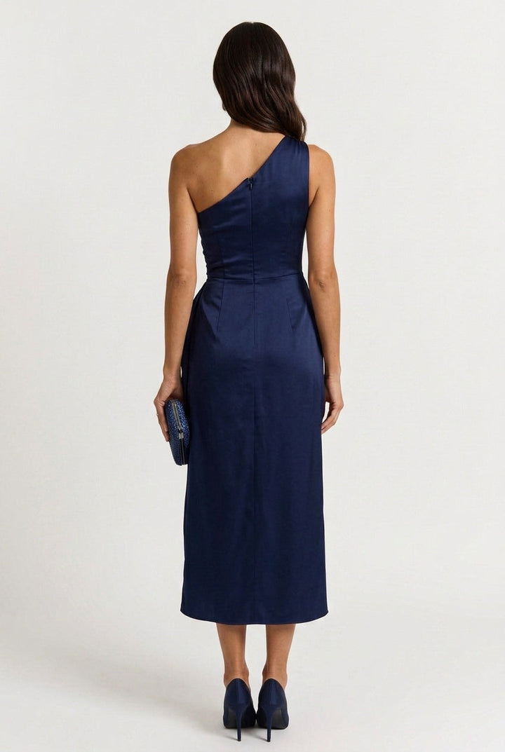 Daisy | Chic One Shoulder Ruched Midi Cocktail Dress