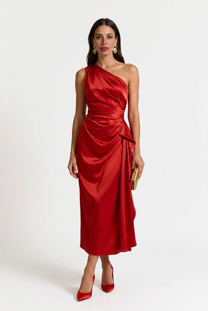Daisy | Chic One Shoulder Ruched Midi Cocktail Dress