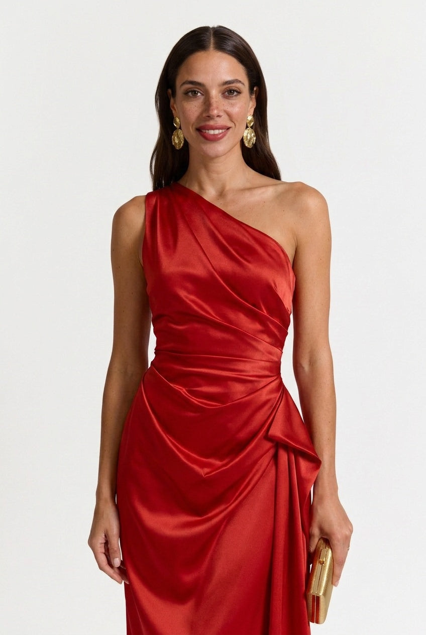 Daisy | Chic One Shoulder Ruched Midi Cocktail Dress