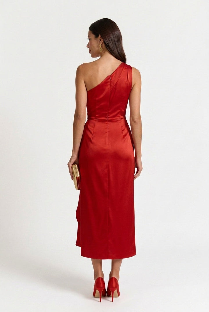 Daisy | Chic One Shoulder Ruched Midi Cocktail Dress