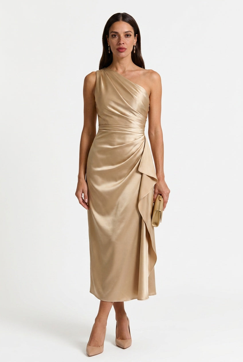 Daisy | Chic One Shoulder Ruched Midi Cocktail Dress