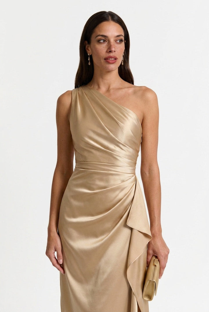 Daisy | Chic One Shoulder Ruched Midi Cocktail Dress