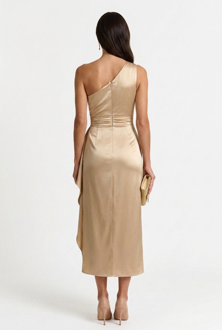 Daisy | Chic One Shoulder Ruched Midi Cocktail Dress
