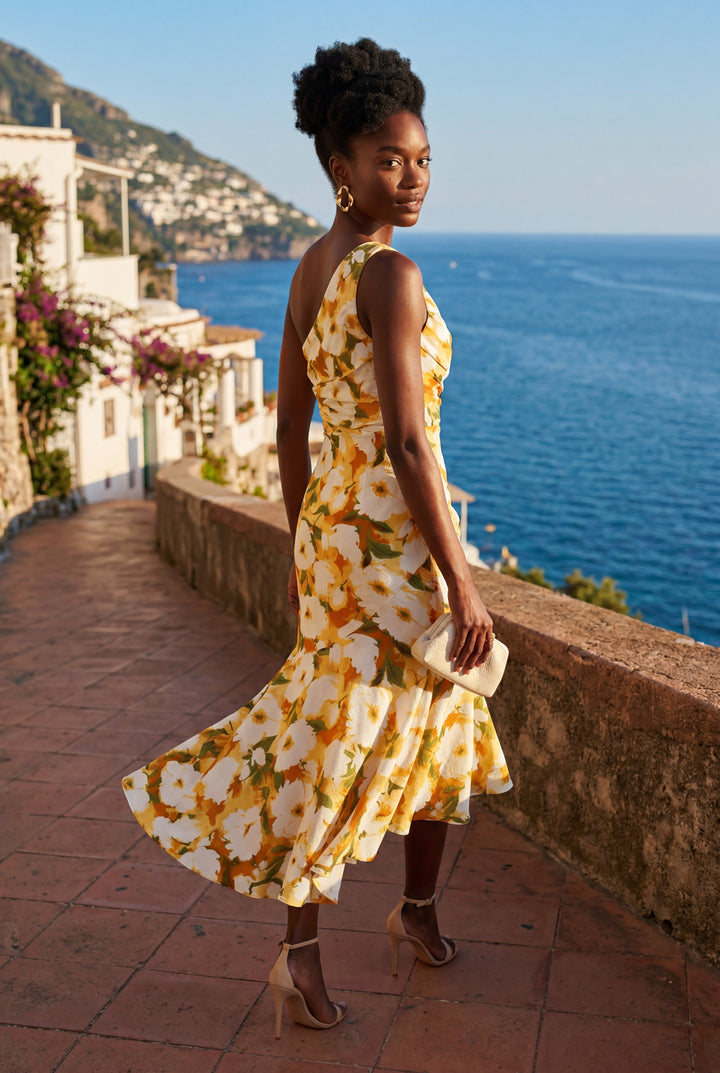 Daisy | Classic Floral One-Shoulder Midi Races Dress