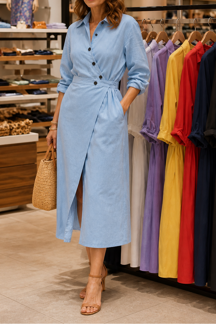 Delilah | Chic A-Line Wrap Midi Dress with Pockets