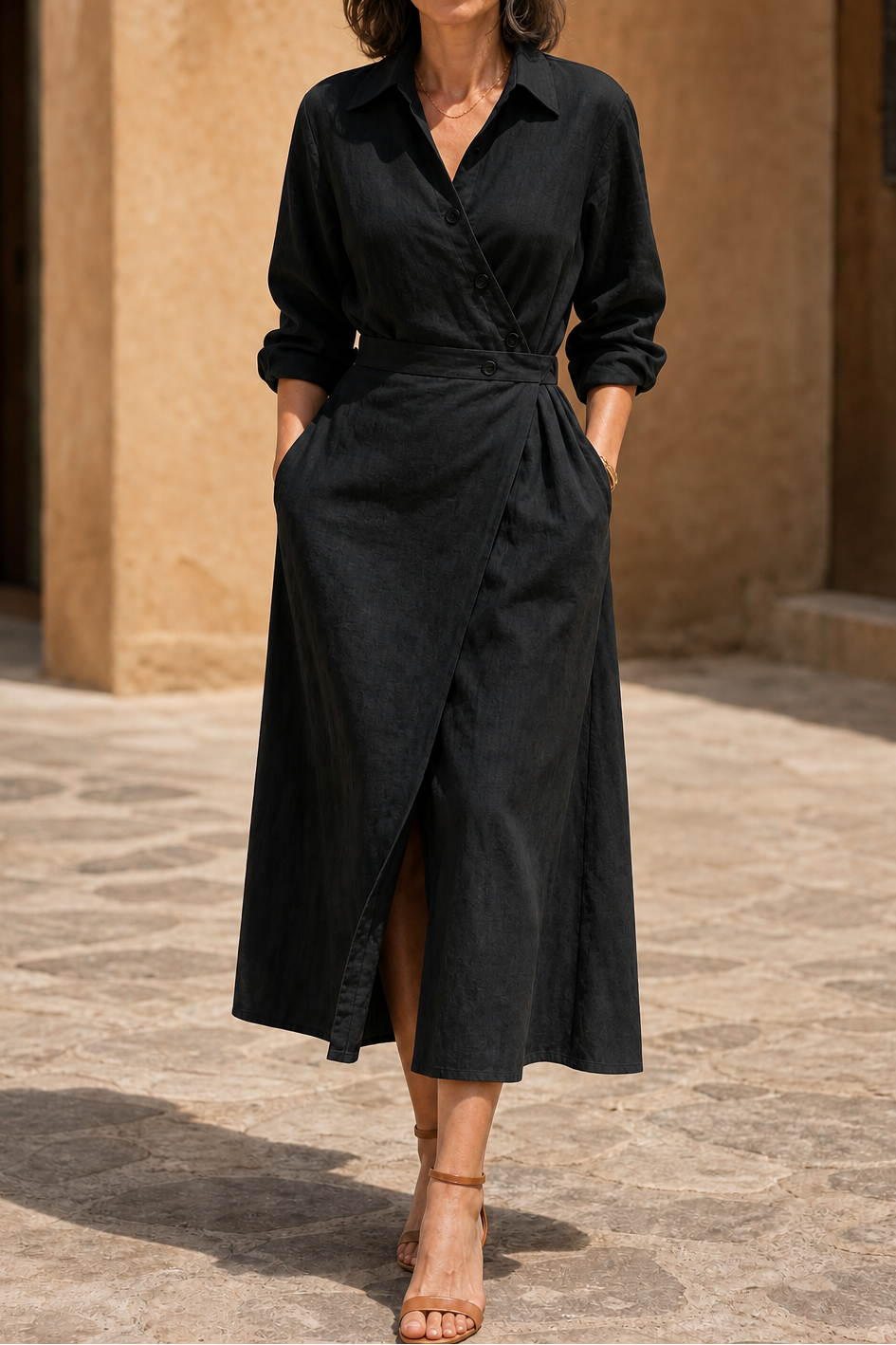 Delilah | Chic A-Line Wrap Midi Dress with Pockets