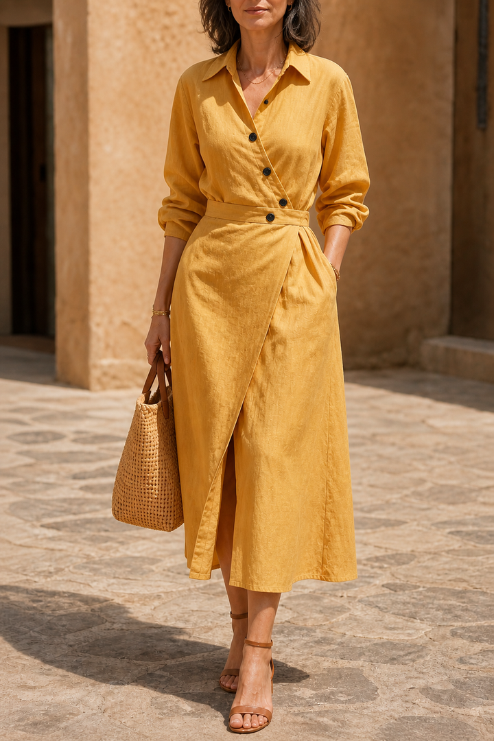 Delilah | Chic A-Line Wrap Midi Dress with Pockets