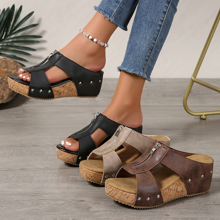 Delilah | Cosy Open Toe Platform Wedges with Side Zip