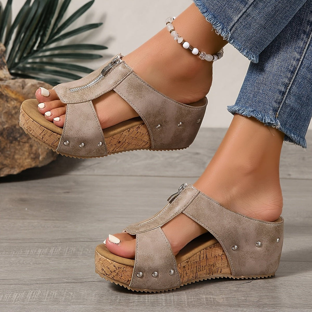 Delilah | Cosy Open Toe Platform Wedges with Side Zip