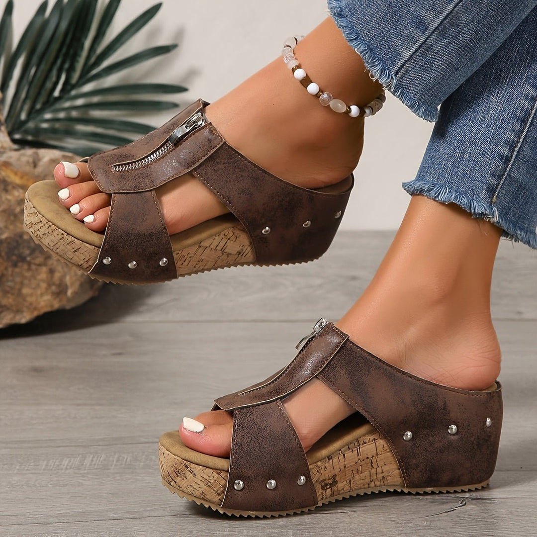 Delilah | Cosy Open Toe Platform Wedges with Side Zip