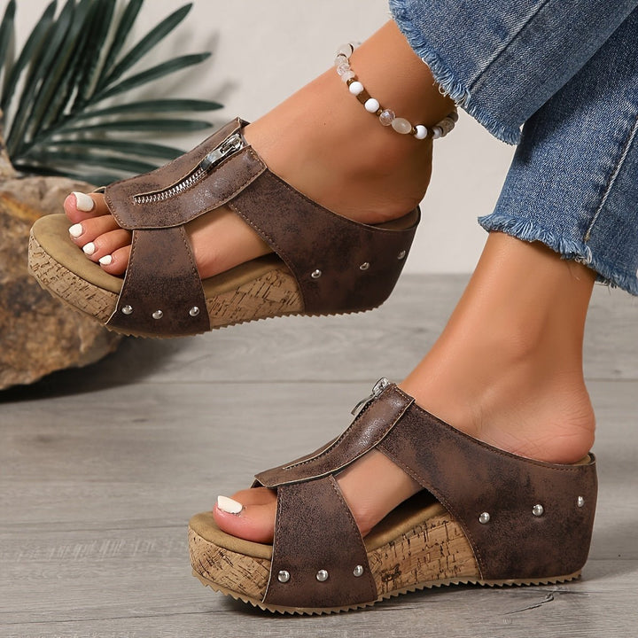 Delilah | Cosy Open Toe Platform Wedges with Side Zip
