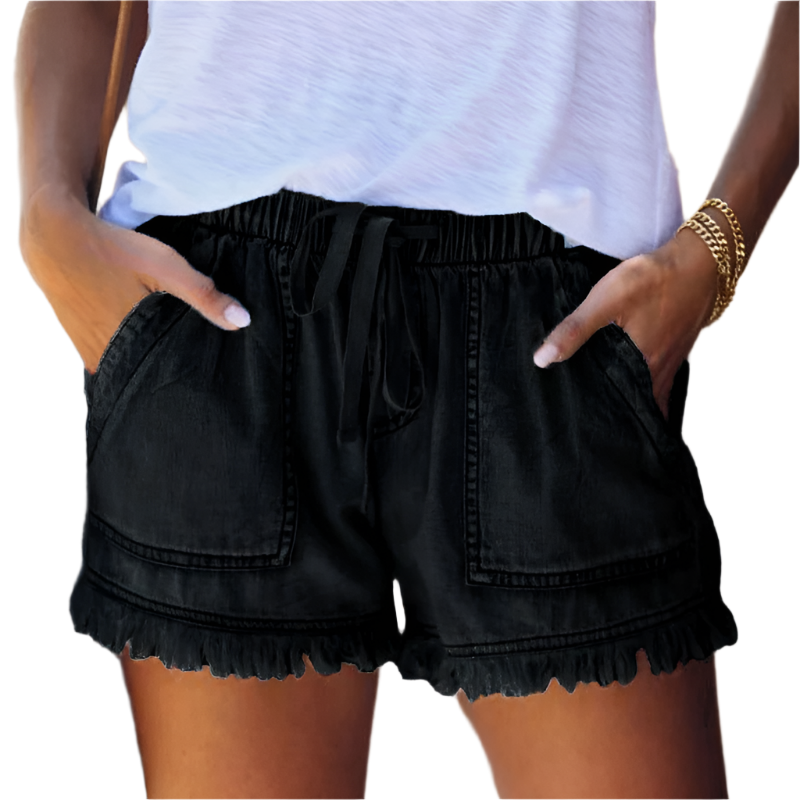 Delilah | Graceful High-Waisted Fringe Hem Denim Shorts