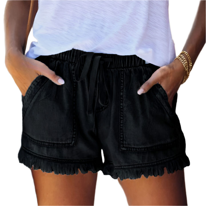 Delilah | Graceful High-Waisted Fringe Hem Denim Shorts