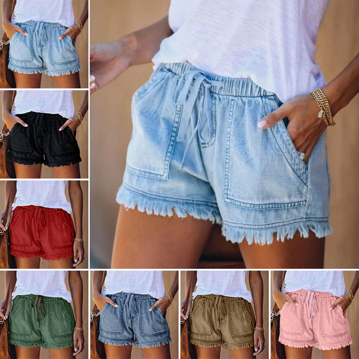 Delilah | Graceful High-Waisted Fringe Hem Denim Shorts