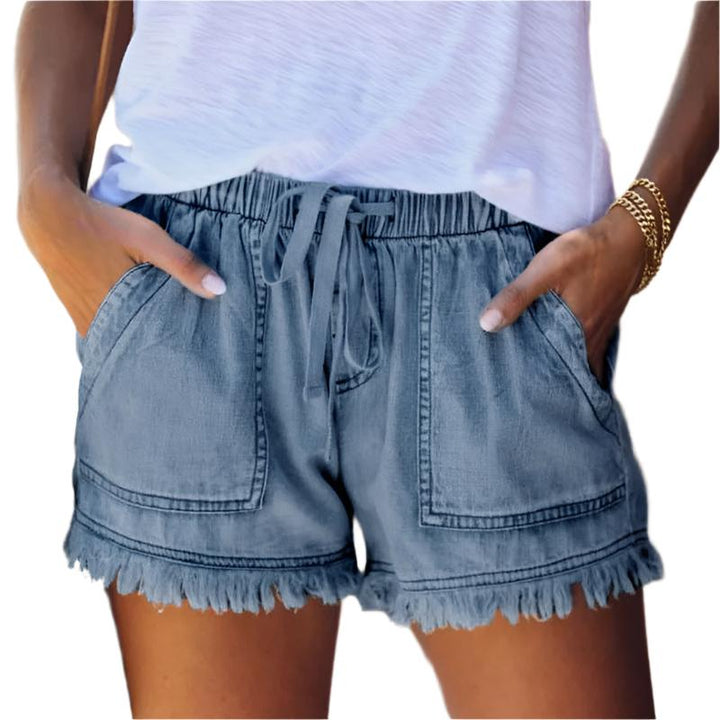 Delilah | Graceful High-Waisted Fringe Hem Denim Shorts