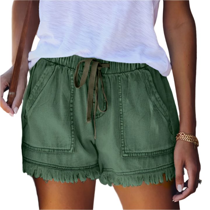 Delilah | Graceful High-Waisted Fringe Hem Denim Shorts