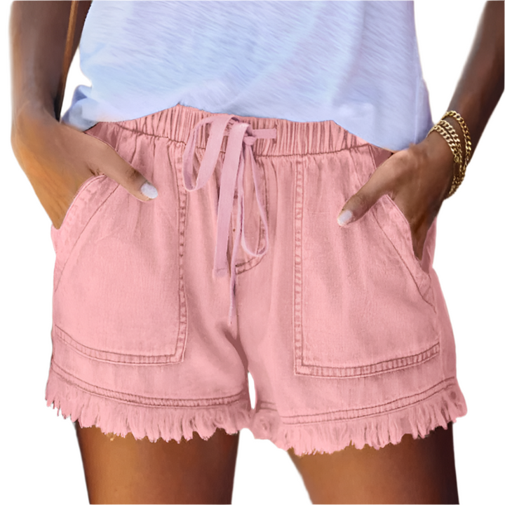 Delilah | Graceful High-Waisted Fringe Hem Denim Shorts