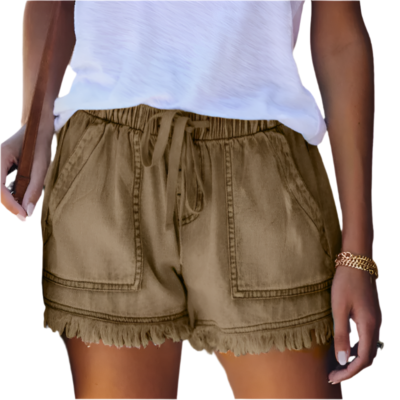 Delilah | Graceful High-Waisted Fringe Hem Denim Shorts