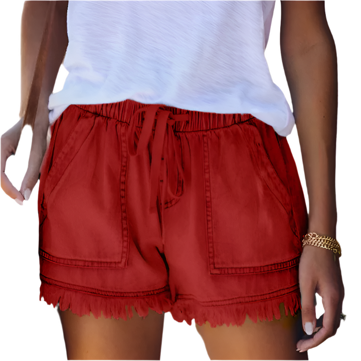 Delilah | Graceful High-Waisted Fringe Hem Denim Shorts