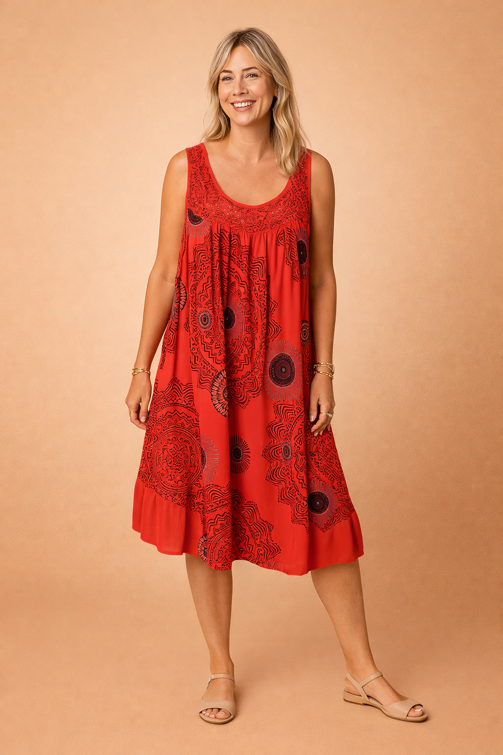 Delilah | Polished Lace Trim Medallion Print Summer Dress
