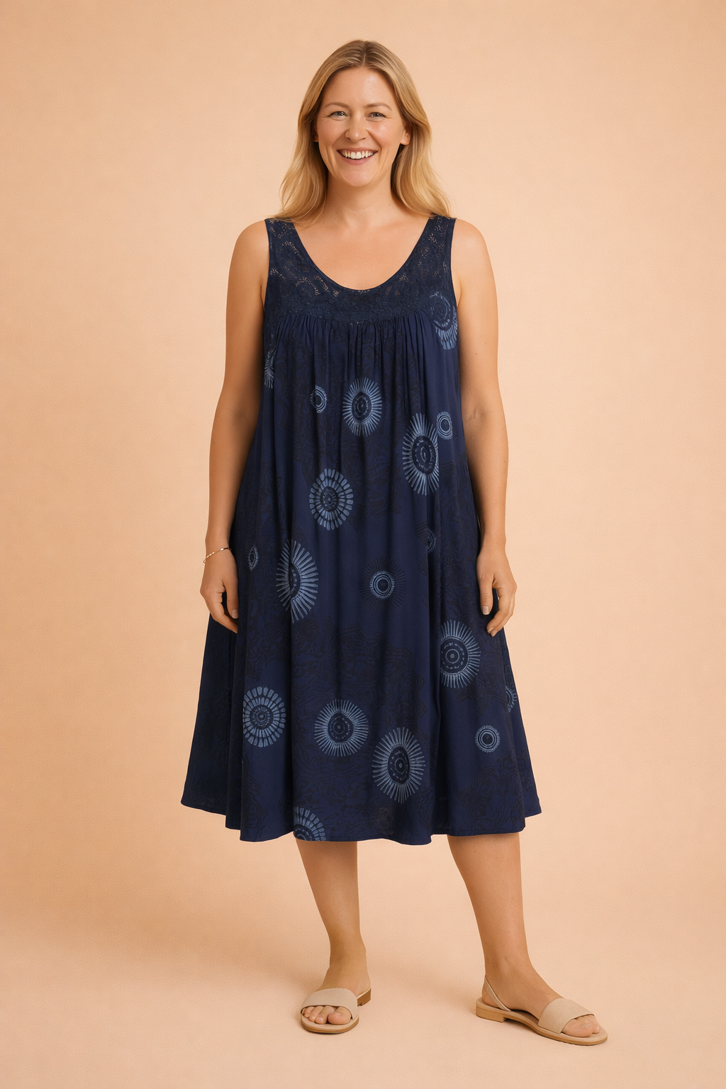 Delilah | Polished Lace Trim Medallion Print Summer Dress