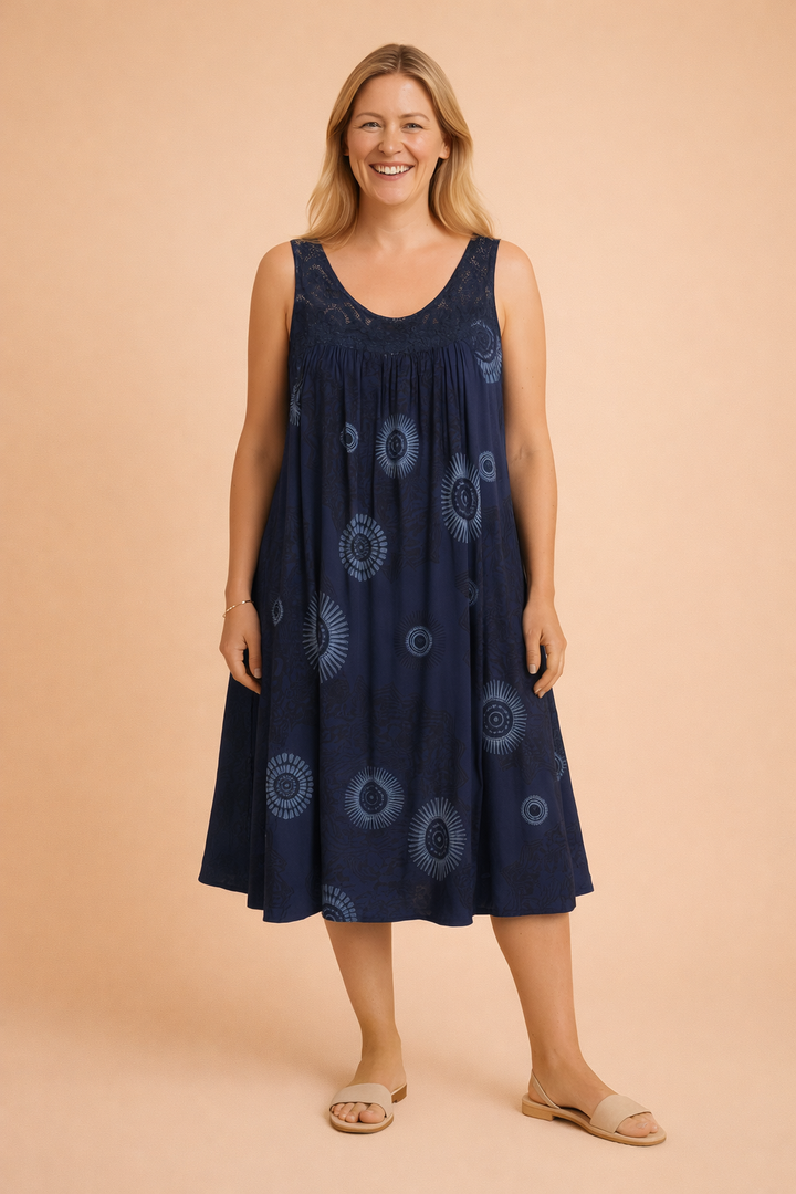 Delilah | Polished Lace Trim Medallion Print Summer Dress