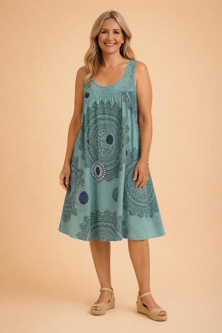 Delilah | Polished Lace Trim Medallion Print Summer Dress