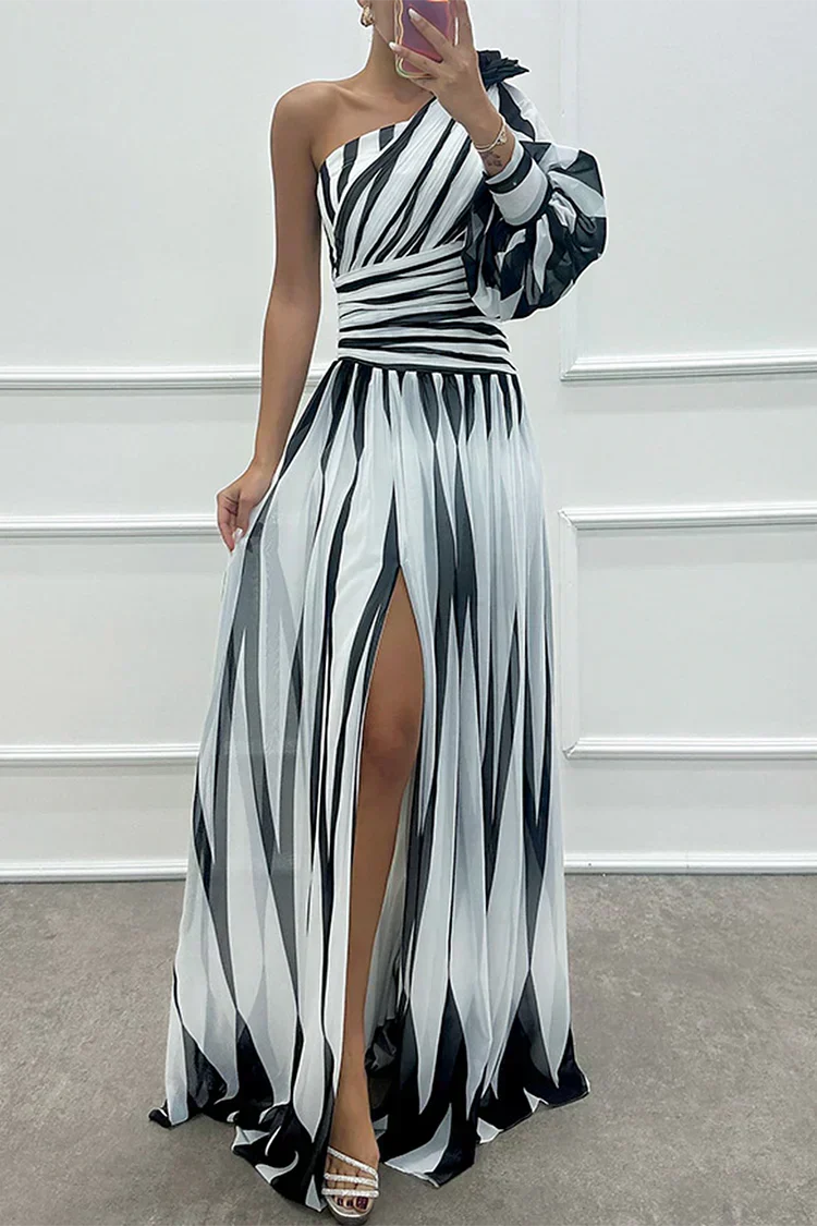 Eden | Chic Striped One Shoulder Maxi Races Dresses