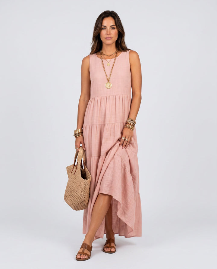 Eden | Elegant Tiered High-Low Linen Maxi Dress