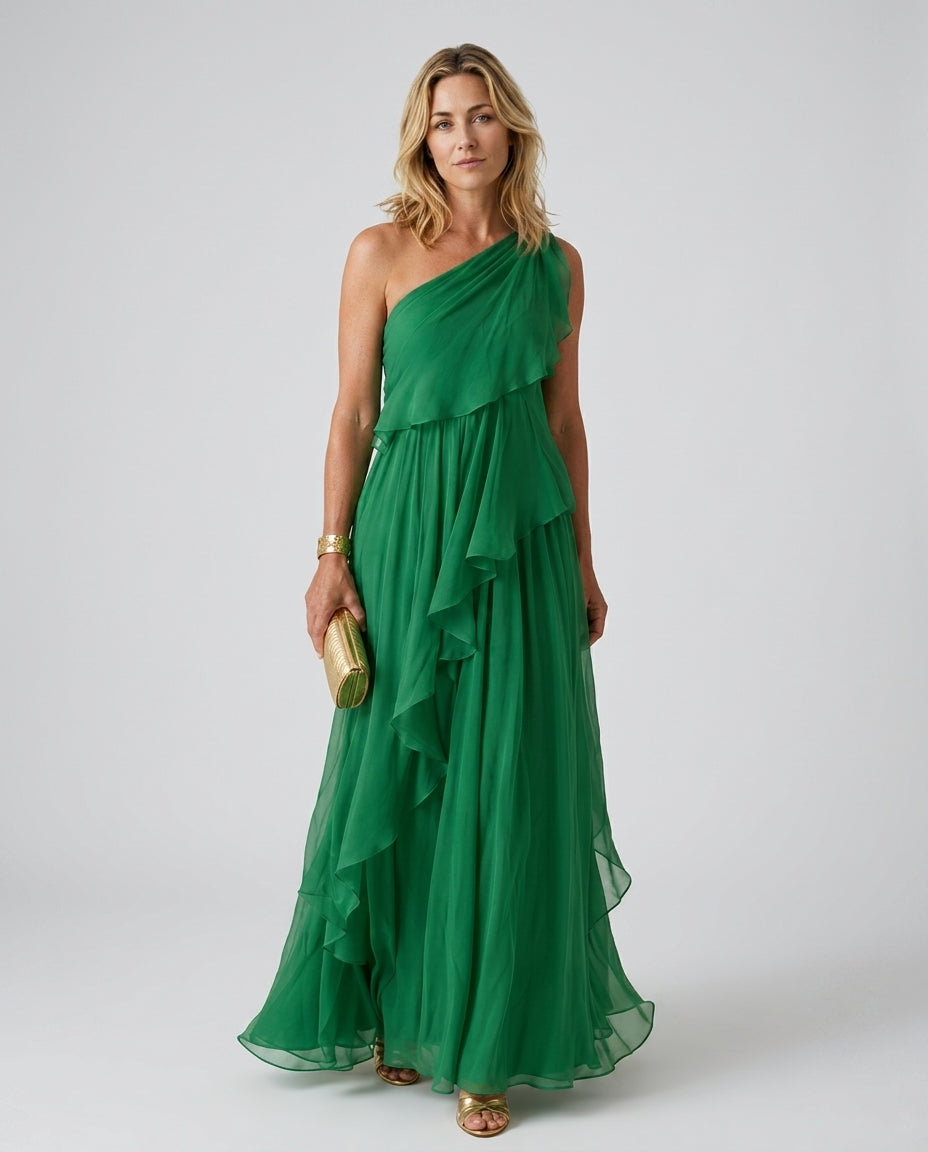 Eden | Sophisticated Asymmetric Cascading Ruffle Races Dress