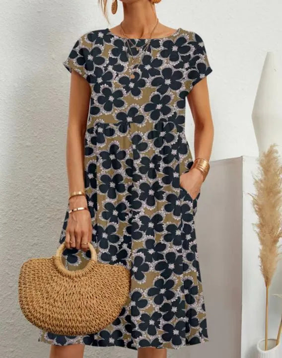 Eleanor | Elegant Floral Short Sleeve A-Line Linen Dress