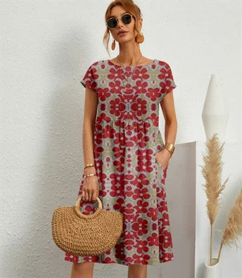Eleanor | Elegant Floral Short Sleeve A-Line Linen Dress
