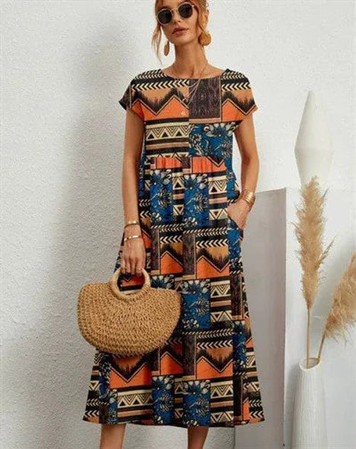 Eleanor | Elegant Floral Short Sleeve A-Line Linen Dress