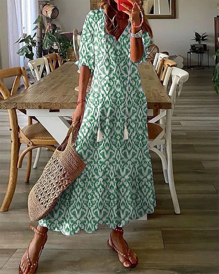 Eleanor | Graceful Printed V-Neck Midi Casual Dress