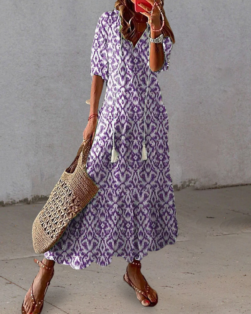 Eleanor | Graceful Printed V-Neck Midi Casual Dress