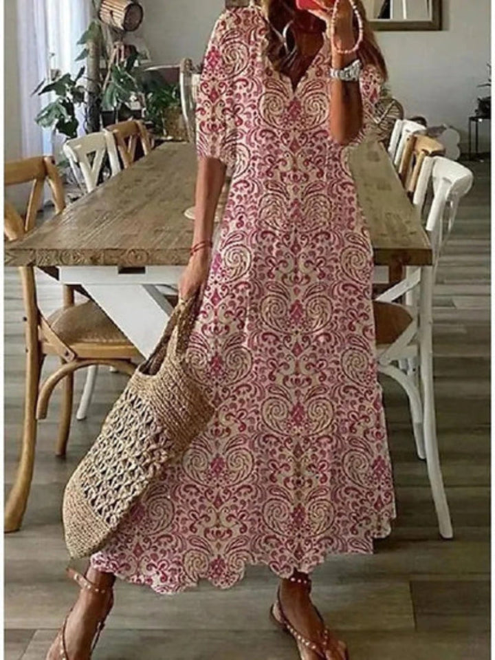 Eleanor | Graceful Printed V-Neck Midi Casual Dress